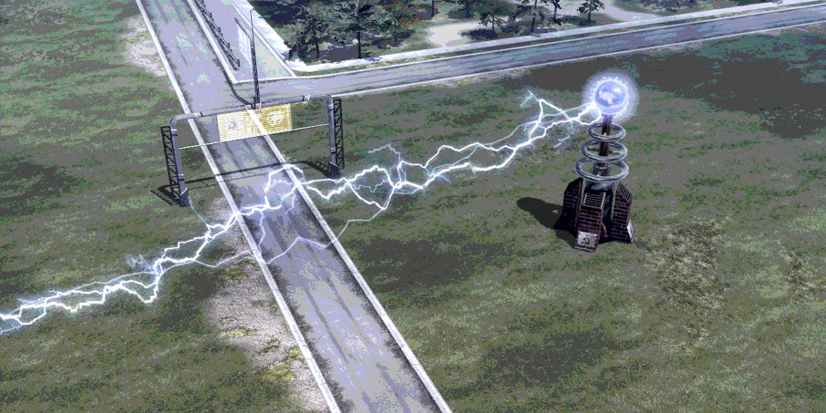 A Tesla Coil zaps something in the distance with a bolt of lightning.