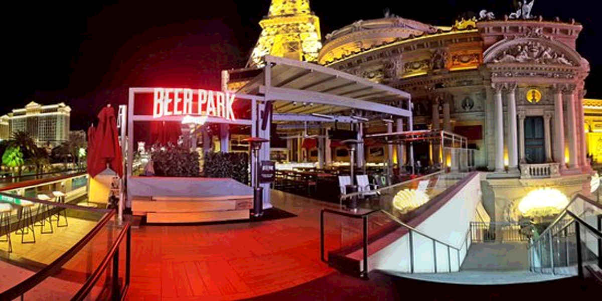 The large outdoor eating area at the rooftop entrance to Beer Park at Paris Las Vegas