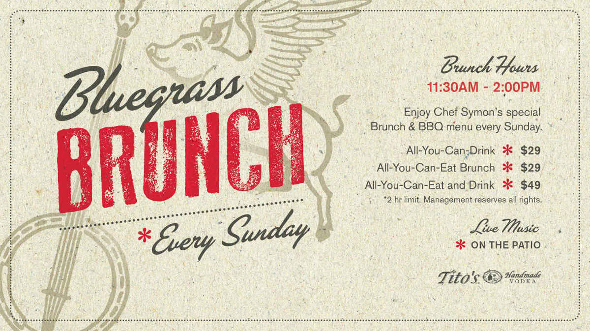 Poster card for Bluegrass Brunch all you can eat BBQ on Sundays