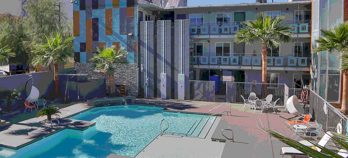 A view of the exterior pool of Oasis at Gold Spike boutique hotel in Las Vegas