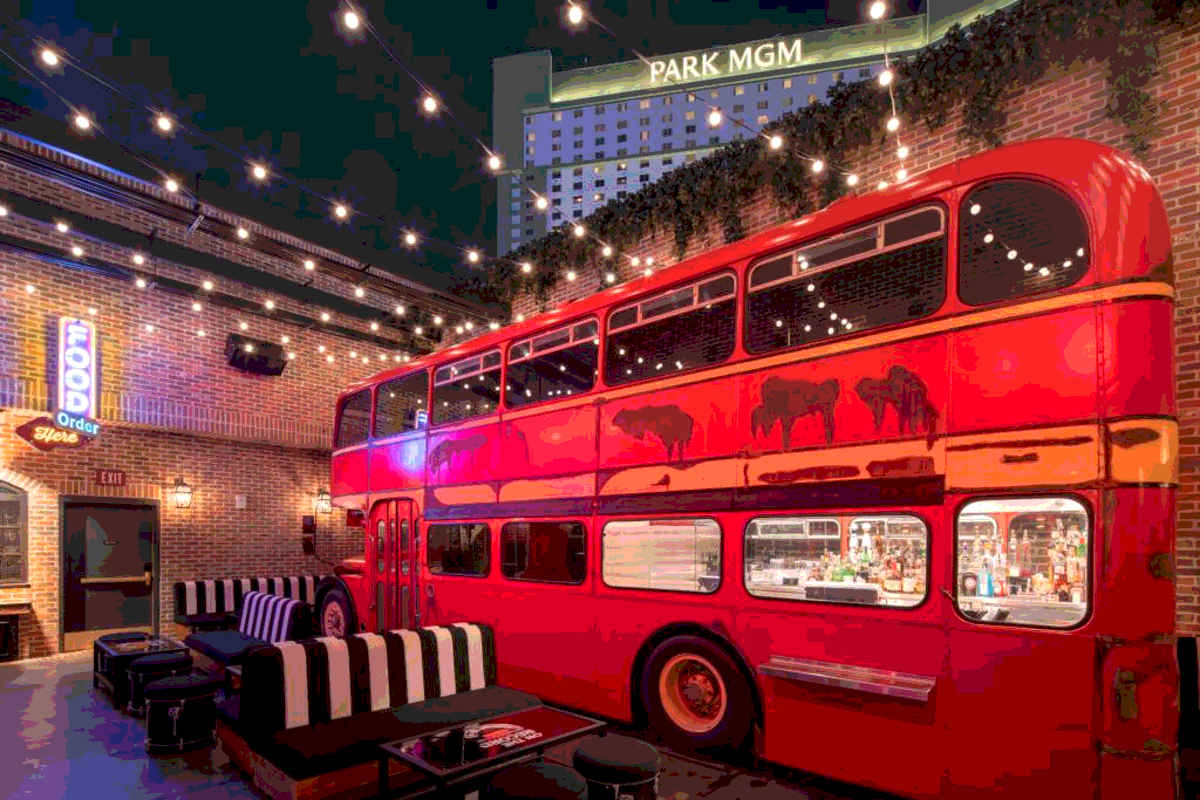 The double decker bus in the courtyard area of On The Record nightclub