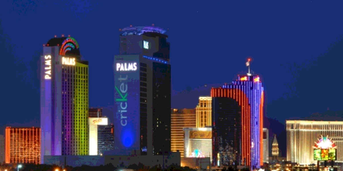 A view of the three ornamented and illuminated towers of The Palms Casino Resort