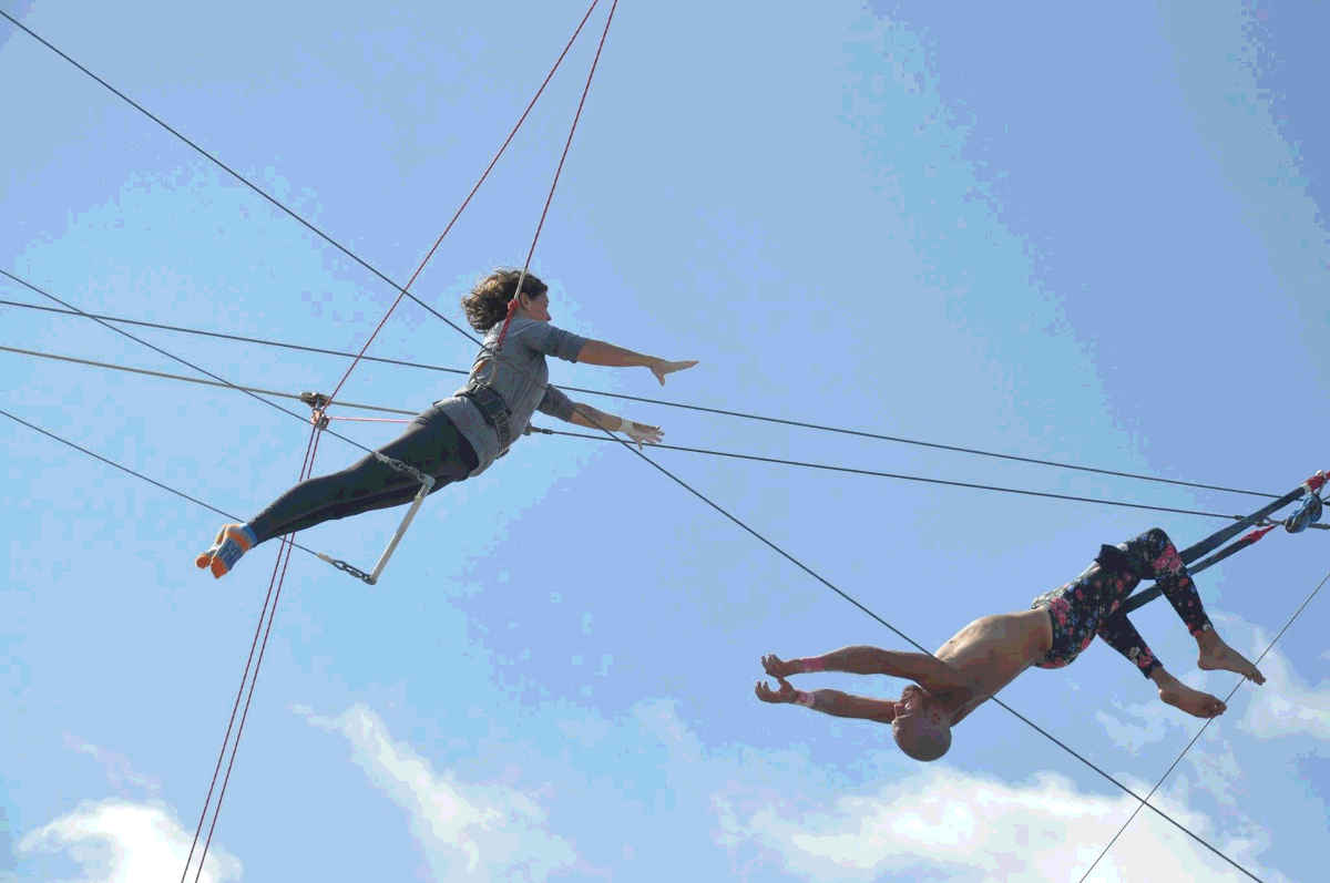 Two daring and skilled participants in trapeze