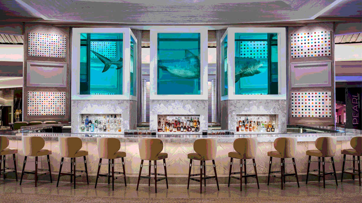 An art installation featuring a tiger shark divided into three pieces is placed over the bar of The Unknown